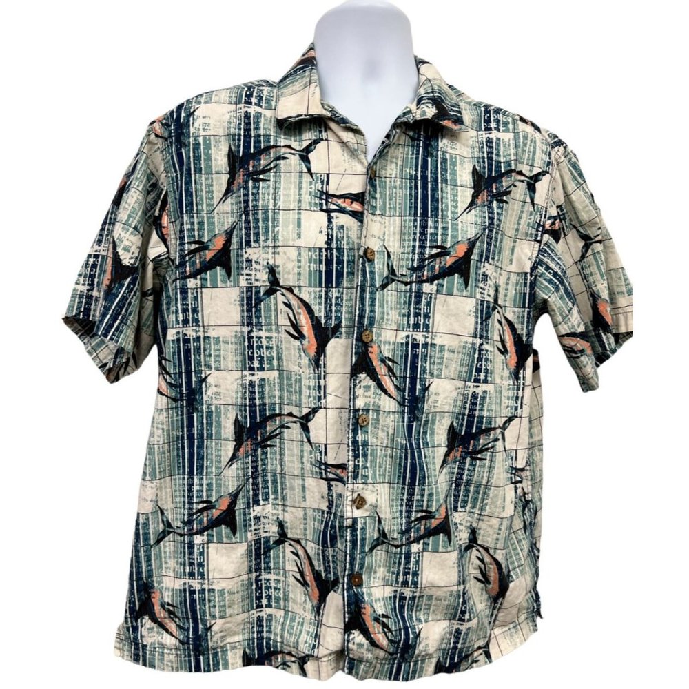 Saddlebred Hawaiian Button Up Blue Fish Shirt Men’s Large